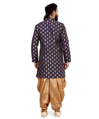 Men Navy Blue Jacquard Silk Dhoti Kurta Set 5