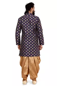 Men Navy Blue Jacquard Silk Dhoti Kurta Set