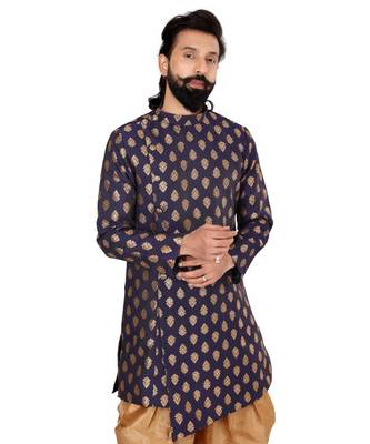 Men Navy Blue Jacquard Silk Dhoti Kurta Set 6