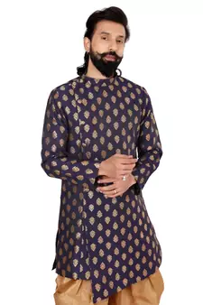 Men Navy Blue Jacquard Silk Dhoti Kurta Set