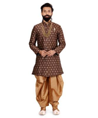 Men Brown Jacquard Silk Dhoti Kurta Set 2