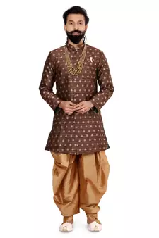 Men Brown Jacquard Silk Dhoti Kurta Set