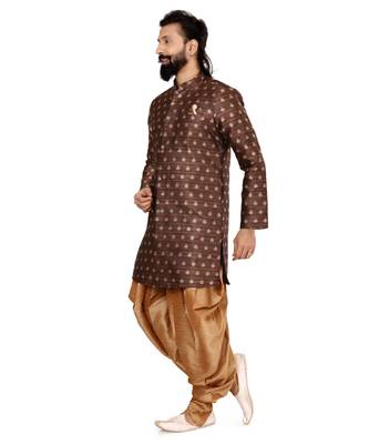 Men Brown Jacquard Silk Dhoti Kurta Set 3