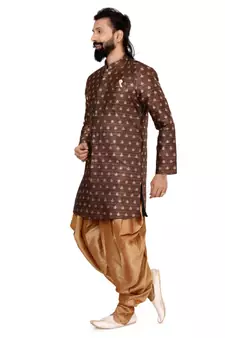 Men Brown Jacquard Silk Dhoti Kurta Set