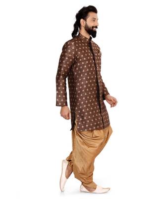 Men Brown Jacquard Silk Dhoti Kurta Set 4