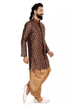 Men Brown Jacquard Silk Dhoti Kurta Set