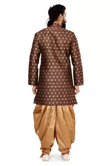 Men Brown Jacquard Silk Dhoti Kurta Set
