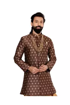 Men Brown Jacquard Silk Dhoti Kurta Set