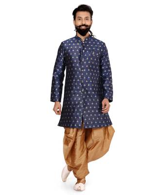 Men Navy Blue Jacquard Silk Dhoti Kurta Set 2