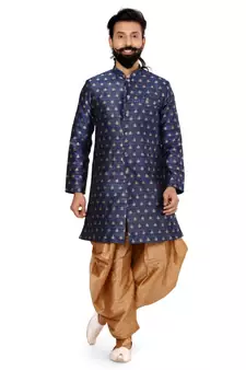 Men Navy Blue Jacquard Silk Dhoti Kurta Set