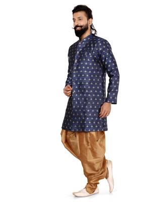 Men Navy Blue Jacquard Silk Dhoti Kurta Set 3