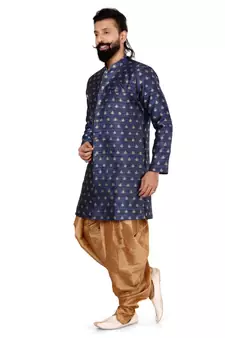 Men Navy Blue Jacquard Silk Dhoti Kurta Set