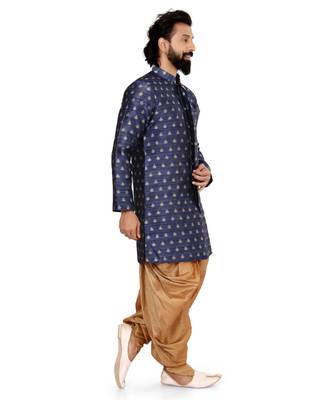 Men Navy Blue Jacquard Silk Dhoti Kurta Set 4