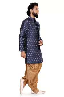 Men Navy Blue Jacquard Silk Dhoti Kurta Set