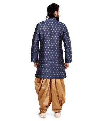 Men Navy Blue Jacquard Silk Dhoti Kurta Set 5