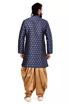 Men Navy Blue Jacquard Silk Dhoti Kurta Set