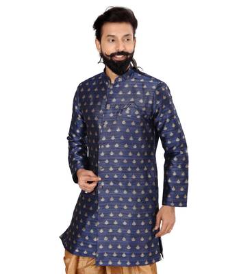 Men Navy Blue Jacquard Silk Dhoti Kurta Set 6