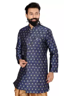 Men Navy Blue Jacquard Silk Dhoti Kurta Set
