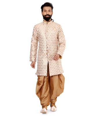 Men White Jacquard Silk Dhoti Kurta Set 2