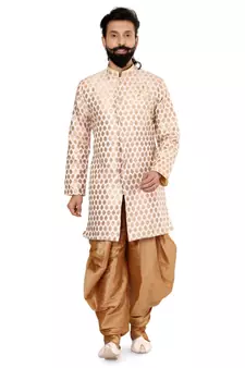 Men White Jacquard Silk Dhoti Kurta Set
