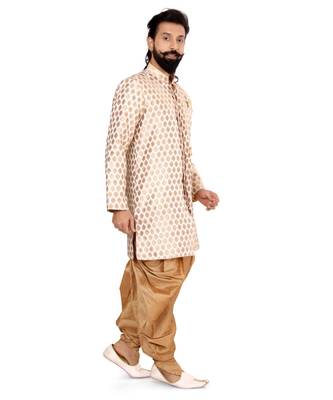 Men White Jacquard Silk Dhoti Kurta Set 3