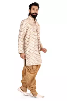 Men White Jacquard Silk Dhoti Kurta Set