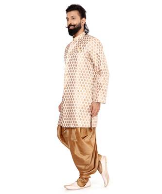 Men White Jacquard Silk Dhoti Kurta Set 4