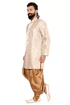 Men White Jacquard Silk Dhoti Kurta Set