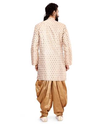 Men White Jacquard Silk Dhoti Kurta Set 5