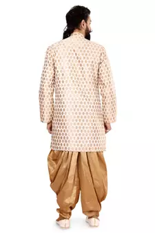 Men White Jacquard Silk Dhoti Kurta Set