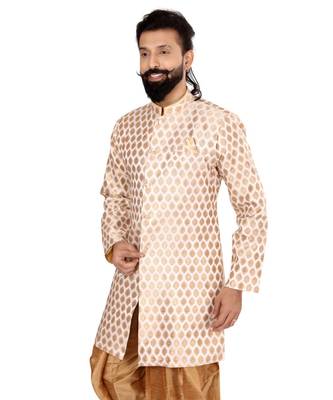 Men White Jacquard Silk Dhoti Kurta Set 6