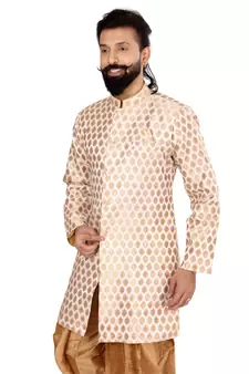 Men White Jacquard Silk Dhoti Kurta Set