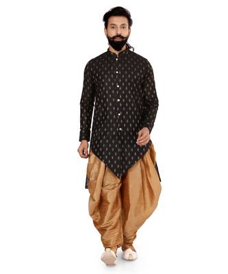 Men Black Cotton Silk Zari Buta Dhoti Kurta Set 2