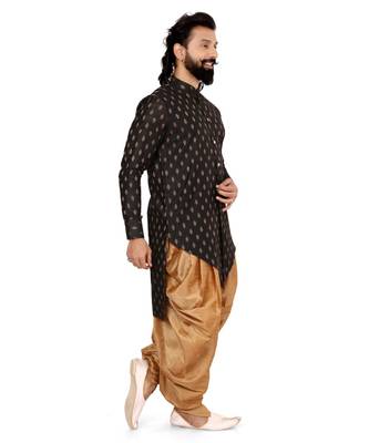 Men Black Cotton Silk Zari Buta Dhoti Kurta Set 3