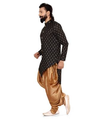 Men Black Cotton Silk Zari Buta Dhoti Kurta Set 4