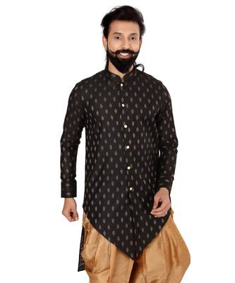 Men Black Cotton Silk Zari Buta Dhoti Kurta Set 6