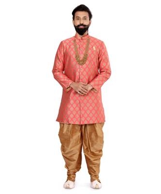 Men Peach Jacquard Silk Dhoti Kurta Set 2