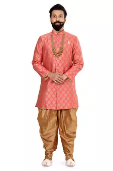 Men Peach Jacquard Silk Dhoti Kurta Set