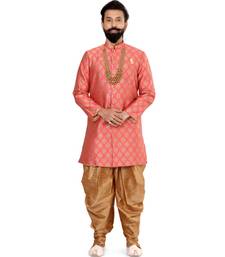 Men Peach Jacquard Silk Dhoti Kurta Set