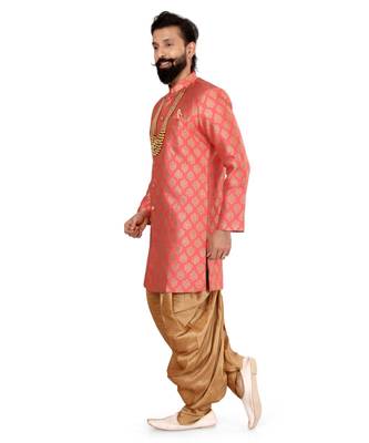 Men Peach Jacquard Silk Dhoti Kurta Set 3