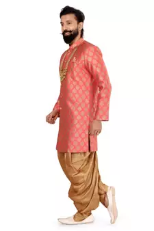 Men Peach Jacquard Silk Dhoti Kurta Set