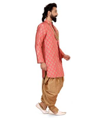 Men Peach Jacquard Silk Dhoti Kurta Set 4