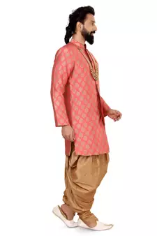 Men Peach Jacquard Silk Dhoti Kurta Set