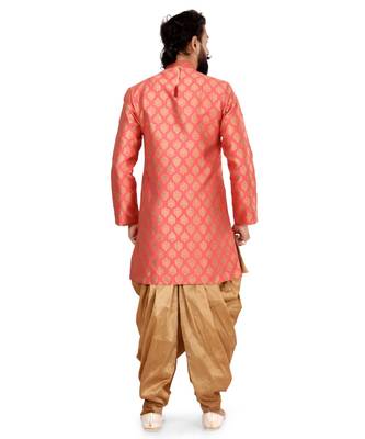 Men Peach Jacquard Silk Dhoti Kurta Set 5