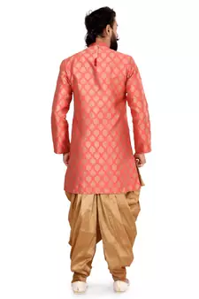 Men Peach Jacquard Silk Dhoti Kurta Set