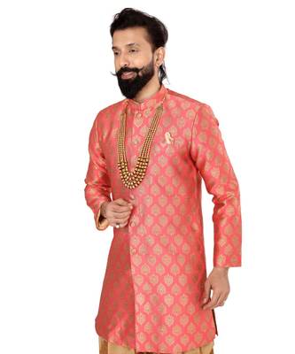Men Peach Jacquard Silk Dhoti Kurta Set 6