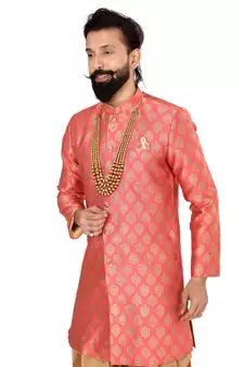 Men Peach Jacquard Silk Dhoti Kurta Set