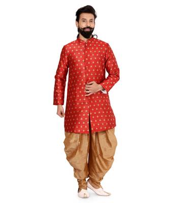 Men Red Jacquard Silk Dhoti Kurta Set 2