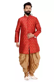 Men Red Jacquard Silk Dhoti Kurta Set