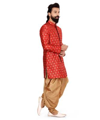 Men Red Jacquard Silk Dhoti Kurta Set 3